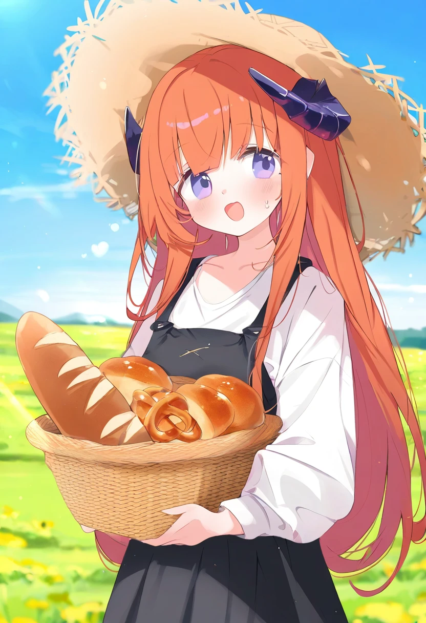 ((deyui,mikozin)),[jyt],40hara,[[gusha s]],((chen bin)), - 1girl,bagpipe \(arknights\),arknights,baguette,blush,bread,croissant,holding basket,pretzel,upper body,straw hat,field,sky,laughing,sweat,sunlight,