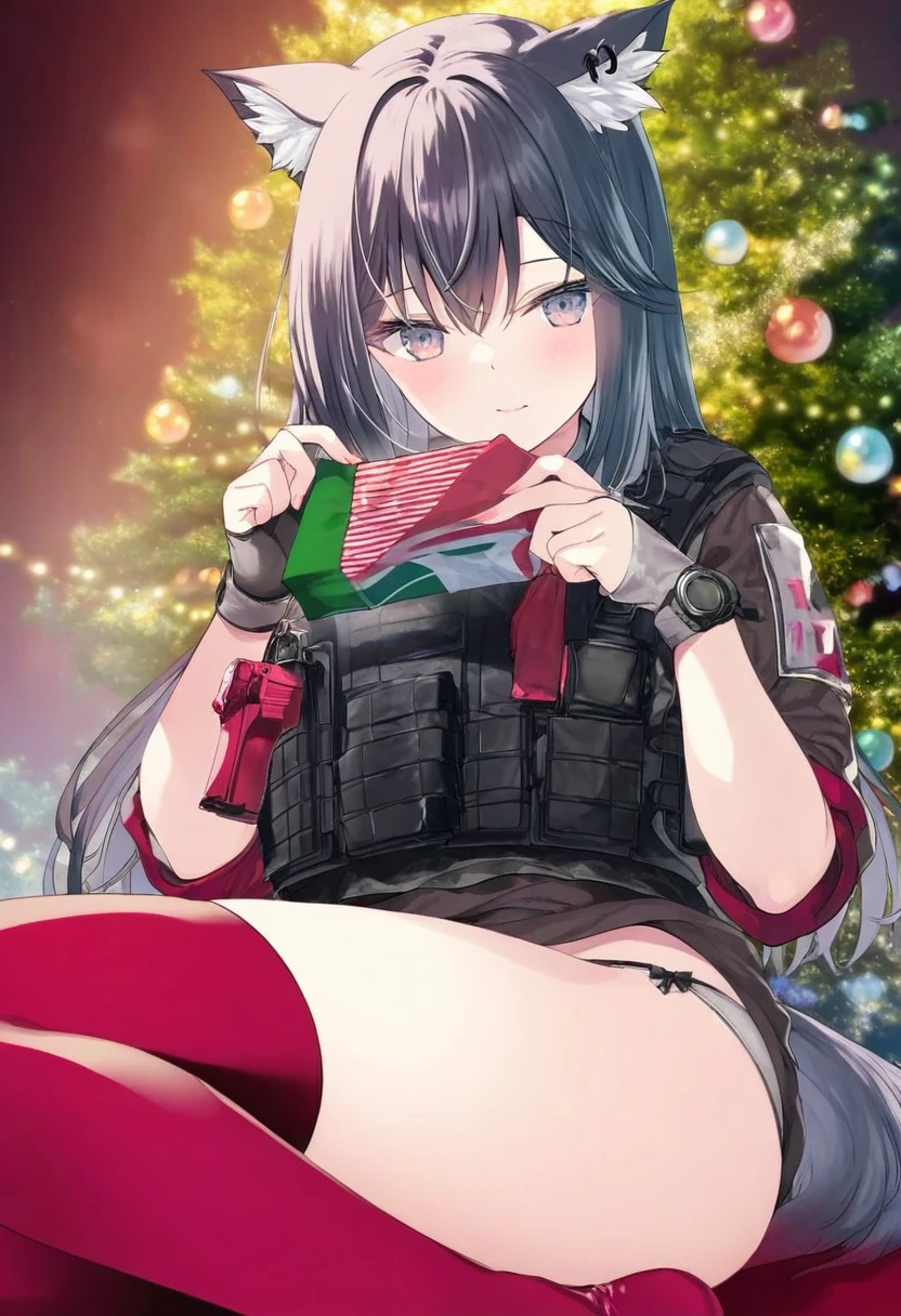 akino ell,[memekko],[paraffin],mankai kaika,(miwabe sakura),[miyase mahiro],[[ebihara beniko]], - 1girl,texas \(arknights\),arknights,underwear,tactical vest,christmas tree,christmas ornaments,