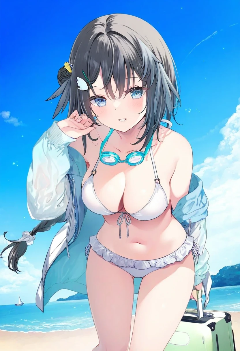 akino ell,[memekko],[paraffin],mankai kaika,(miwabe sakura),[miyase mahiro],[[ebihara beniko]], - 1girl,la pluma \(summer flowers\) \(arknights\),arknights,white bikini,outdoors,navel,day,sky,blue sky,beach,suitcase,looking at viewer,ocean,low-tied long hair,leaning forward,standing,holding,frills,hand up,bare shoulders,floating hair,