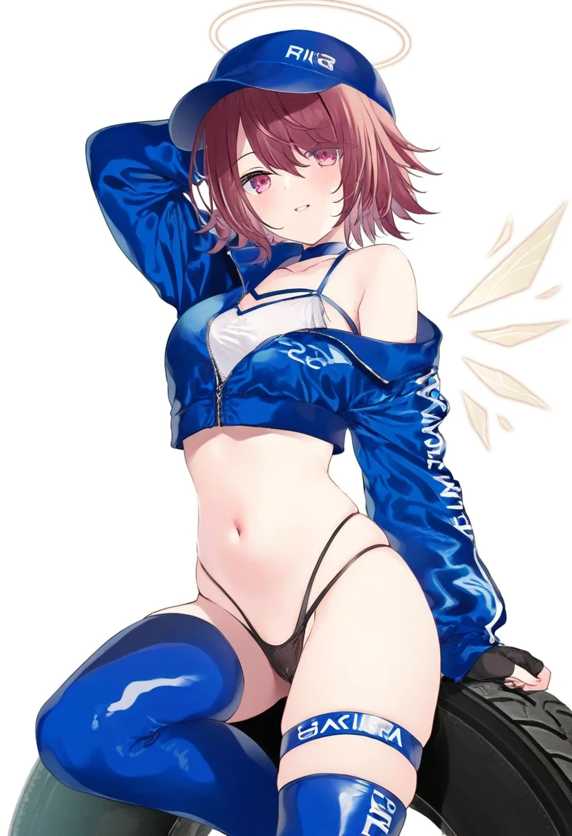 akino ell,[memekko],[paraffin],mankai kaika,(miwabe sakura),[miyase mahiro],[[ebihara beniko]], - 1girl,exusiai \(arknights\),arknights,black gloves,black panties,blue thigh boots,blue hat,blue jacket,long sleeves,race queen,thigh strap,thong,single bare shoulder,skindentation,tire,