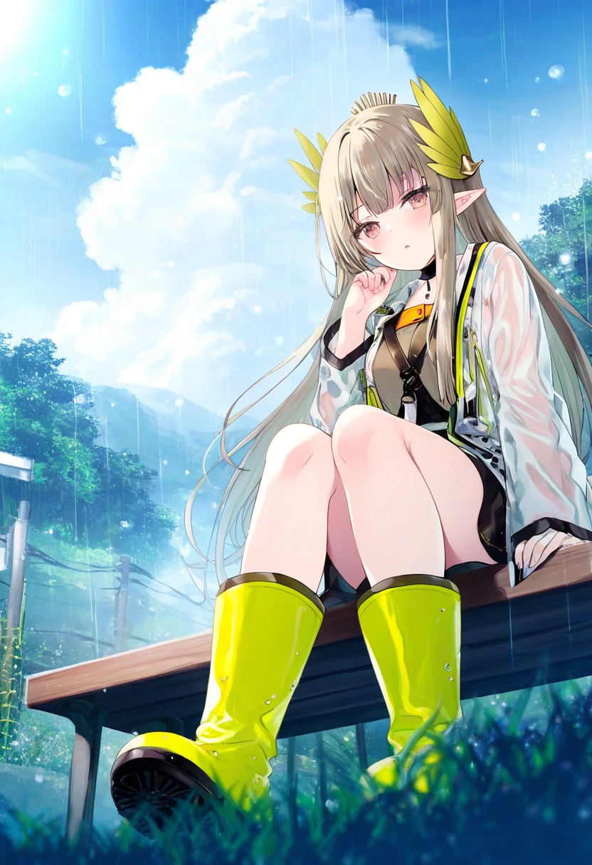 akino ell,[memekko],[paraffin],mankai kaika,(miwabe sakura),[miyase mahiro],[[ebihara beniko]], - 1girl,muelsyse \(arknights\),arknights,cloudy sky,grass,on bench,outdoors,rain,road,yellow rubber boots,see-through coat,sitting,transparent raincoat,water drop,
