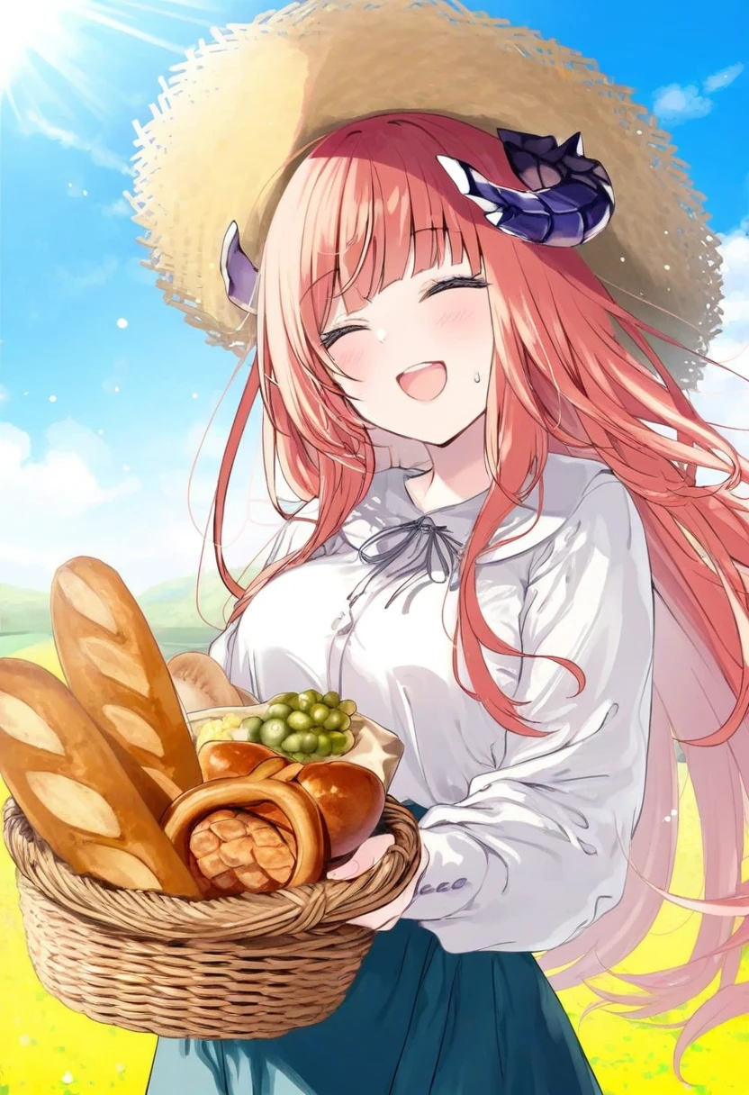 akino ell,[memekko],[paraffin],mankai kaika,(miwabe sakura),[miyase mahiro],[[ebihara beniko]], - 1girl,bagpipe \(arknights\),arknights,baguette,blush,bread,croissant,holding basket,pretzel,upper body,straw hat,field,sky,laughing,sweat,sunlight,
