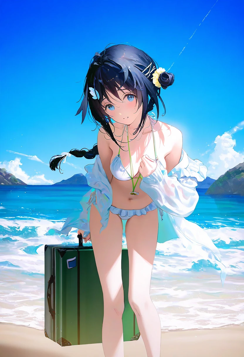 [tidsean],gomzi ,fajyobore,[wlop,reoen],[[tianliang duohe fangdongye]],[[rhasta]], - 1girl,la pluma \(summer flowers\) \(arknights\),arknights,white bikini,outdoors,navel,day,sky,blue sky,beach,suitcase,looking at viewer,ocean,low-tied long hair,leaning forward,standing,holding,frills,hand up,bare shoulders,floating hair,