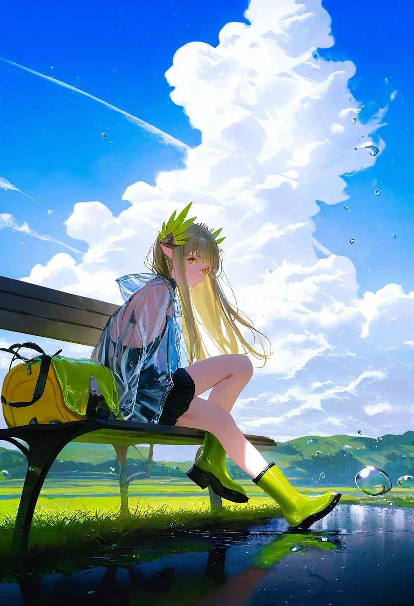 [tidsean],gomzi ,fajyobore,[wlop,reoen],[[tianliang duohe fangdongye]],[[rhasta]], - 1girl,muelsyse \(arknights\),arknights,cloudy sky,grass,on bench,outdoors,rain,road,yellow rubber boots,see-through coat,sitting,transparent raincoat,water drop,