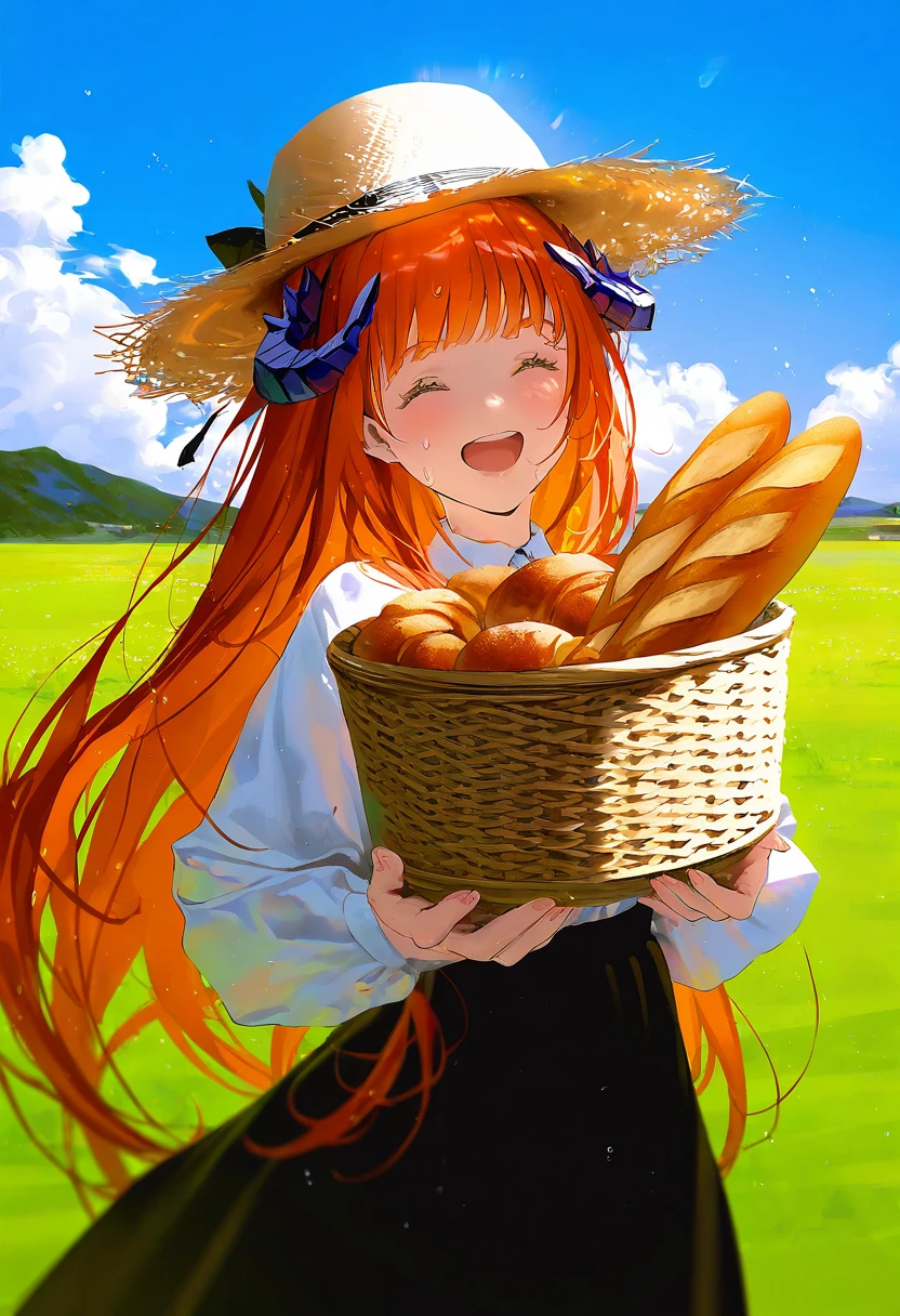 [tidsean],gomzi ,fajyobore,[wlop,reoen],[[tianliang duohe fangdongye]],[[rhasta]], - 1girl,bagpipe \(arknights\),arknights,baguette,blush,bread,croissant,holding basket,pretzel,upper body,straw hat,field,sky,laughing,sweat,sunlight,