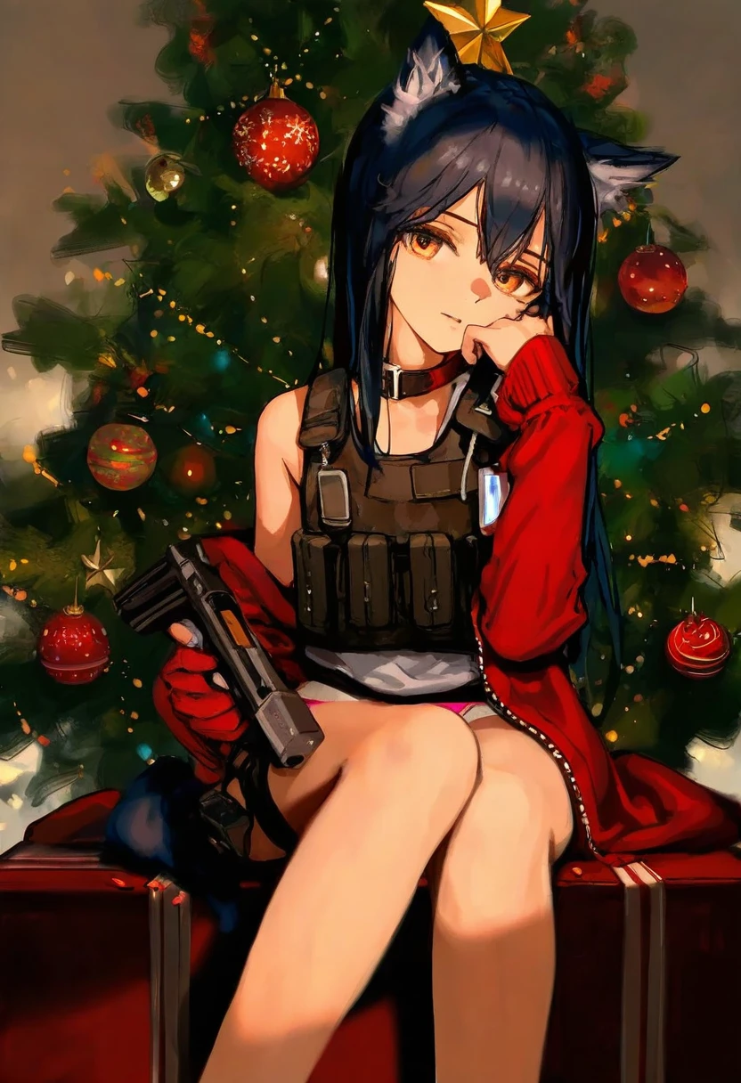 [ningen mame],ciloranko,[sho \(sho lwlw\)],[[as109]],wlop, - 1girl,texas \(arknights\),arknights,underwear,tactical vest,christmas tree,christmas ornaments,