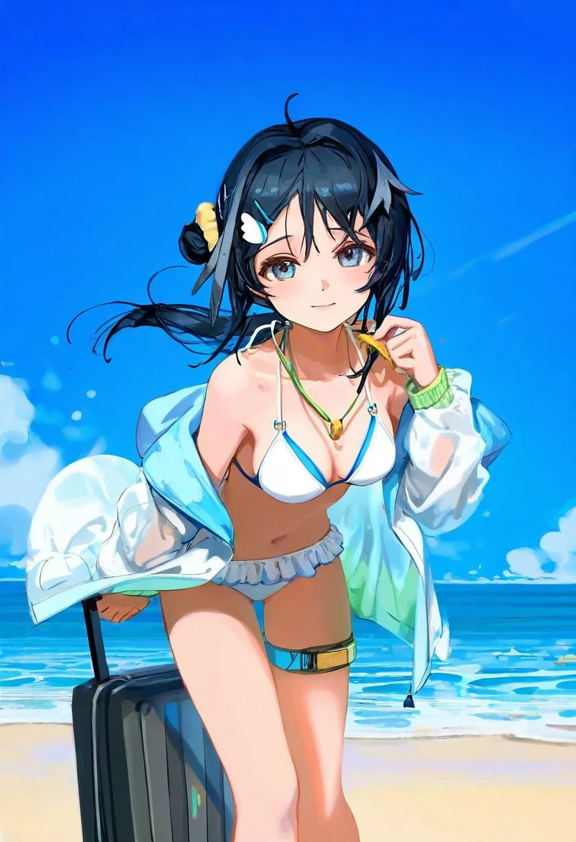 [ningen mame],ciloranko,[sho \(sho lwlw\)],[[as109]],wlop, - 1girl,la pluma \(summer flowers\) \(arknights\),arknights,white bikini,outdoors,navel,day,sky,blue sky,beach,suitcase,looking at viewer,ocean,low-tied long hair,leaning forward,standing,holding,frills,hand up,bare shoulders,floating hair,