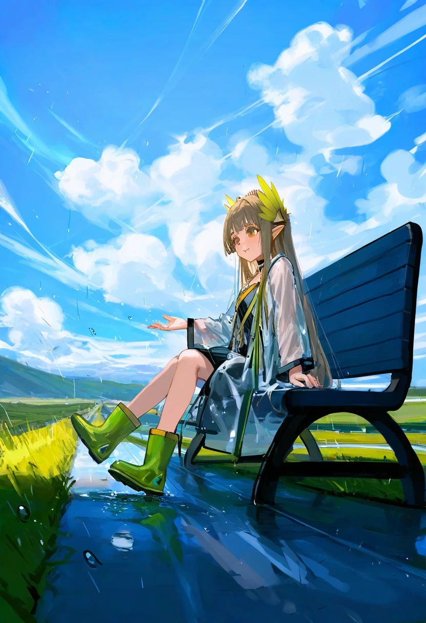 [ningen mame],ciloranko,[sho \(sho lwlw\)],[[as109]],wlop, - 1girl,muelsyse \(arknights\),arknights,cloudy sky,grass,on bench,outdoors,rain,road,yellow rubber boots,see-through coat,sitting,transparent raincoat,water drop,