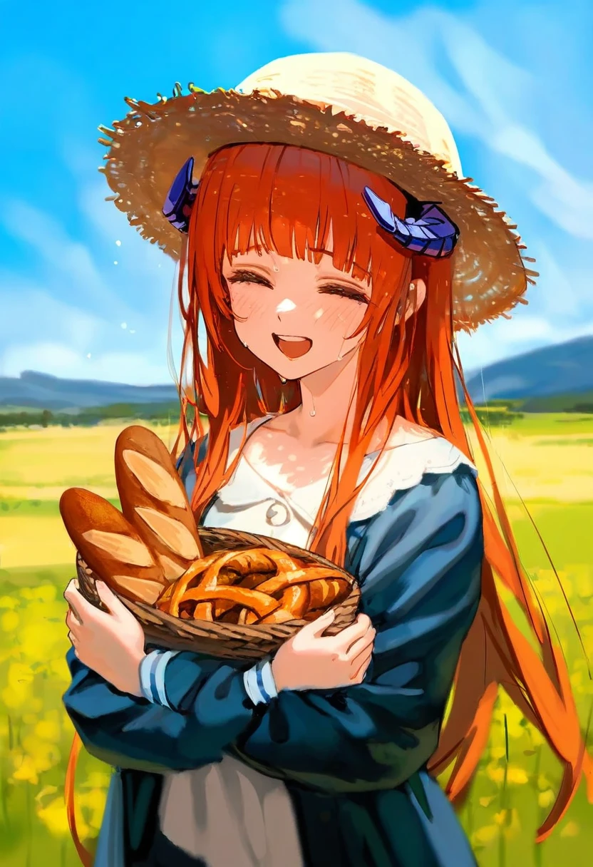 [ningen mame],ciloranko,[sho \(sho lwlw\)],[[as109]],wlop, - 1girl,bagpipe \(arknights\),arknights,baguette,blush,bread,croissant,holding basket,pretzel,upper body,straw hat,field,sky,laughing,sweat,sunlight,