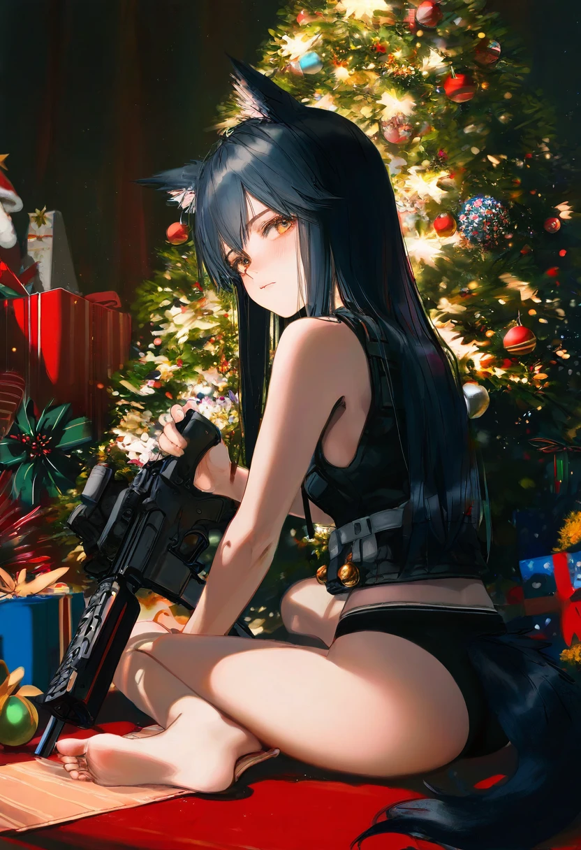 [[wlop]],WANKE,[ciloranko], - 1girl,texas \(arknights\),arknights,underwear,tactical vest,christmas tree,christmas ornaments,