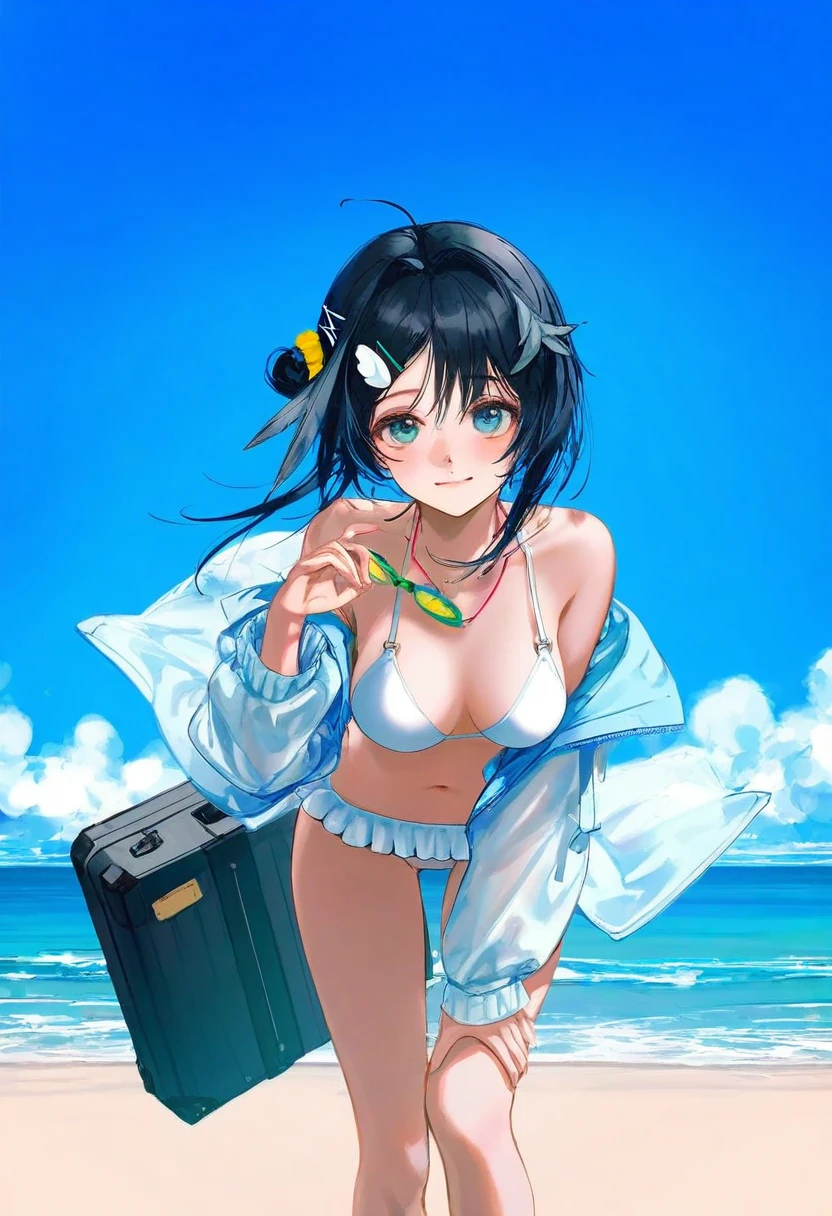 [[wlop]],WANKE,[ciloranko], - 1girl,la pluma \(summer flowers\) \(arknights\),arknights,white bikini,outdoors,navel,day,sky,blue sky,beach,suitcase,looking at viewer,ocean,low-tied long hair,leaning forward,standing,holding,frills,hand up,bare shoulders,floating hair,