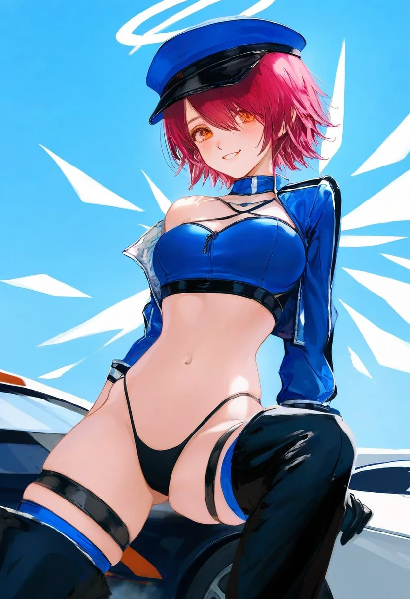 [[wlop]],WANKE,[ciloranko], - 1girl,exusiai \(arknights\),arknights,black gloves,black panties,blue thigh boots,blue hat,blue jacket,long sleeves,race queen,thigh strap,thong,single bare shoulder,skindentation,tire,