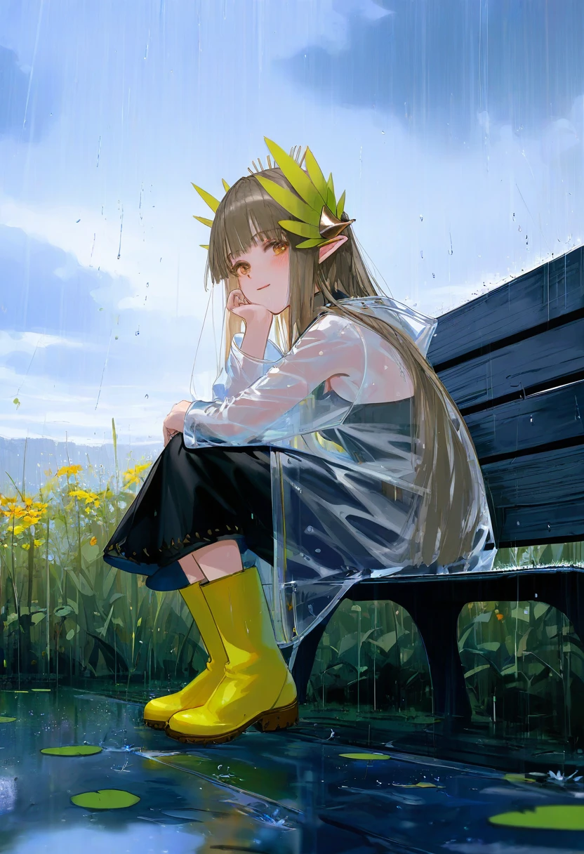 [[wlop]],WANKE,[ciloranko], - 1girl,muelsyse \(arknights\),arknights,cloudy sky,grass,on bench,outdoors,rain,road,yellow rubber boots,see-through coat,sitting,transparent raincoat,water drop,