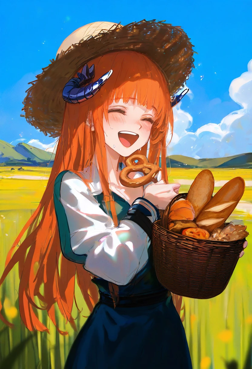 [[wlop]],WANKE,[ciloranko], - 1girl,bagpipe \(arknights\),arknights,baguette,blush,bread,croissant,holding basket,pretzel,upper body,straw hat,field,sky,laughing,sweat,sunlight,