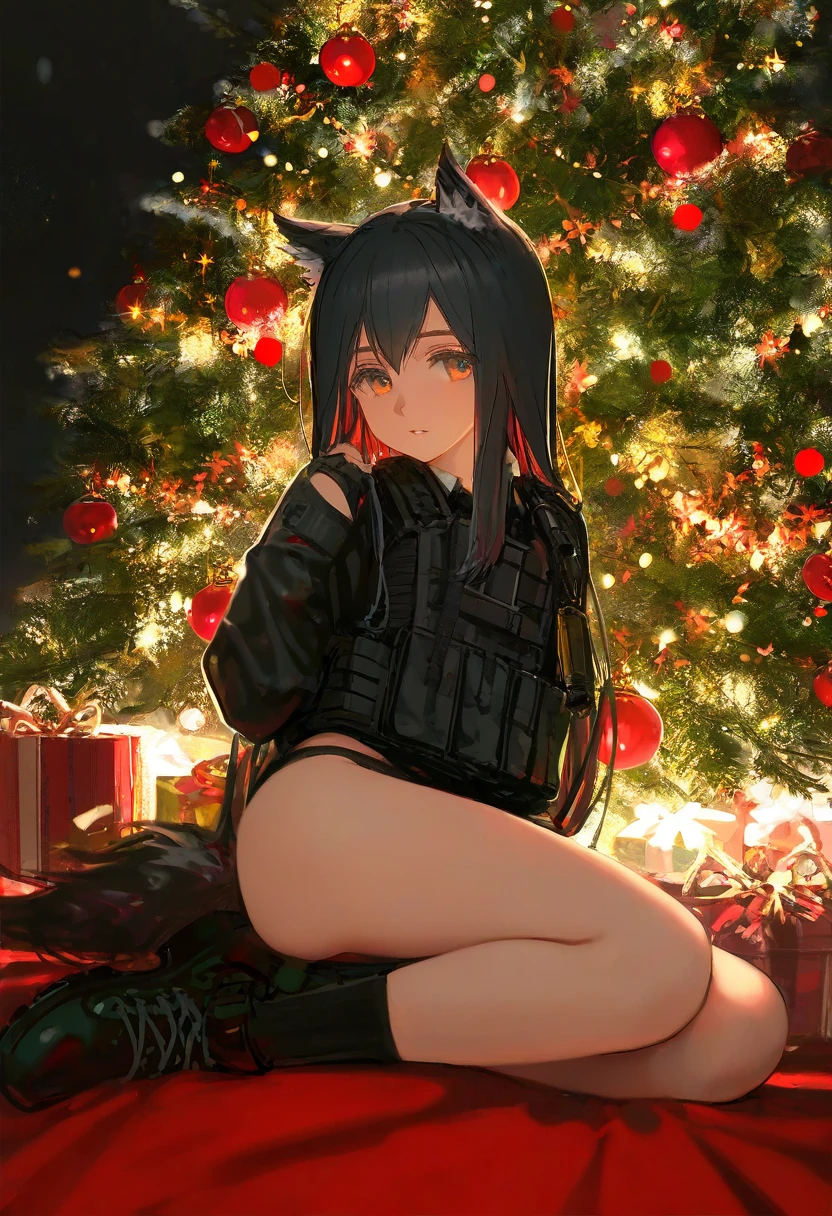 (amazuyu tatsuki,shiro9jira),ciloranko,ask \(askzy\),novelace,(wlop,reoen),(alphonse \(white datura\)),miv4t,[[tianliang duohe fangdongye]], - 1girl,texas \(arknights\),arknights,underwear,tactical vest,christmas tree,christmas ornaments,