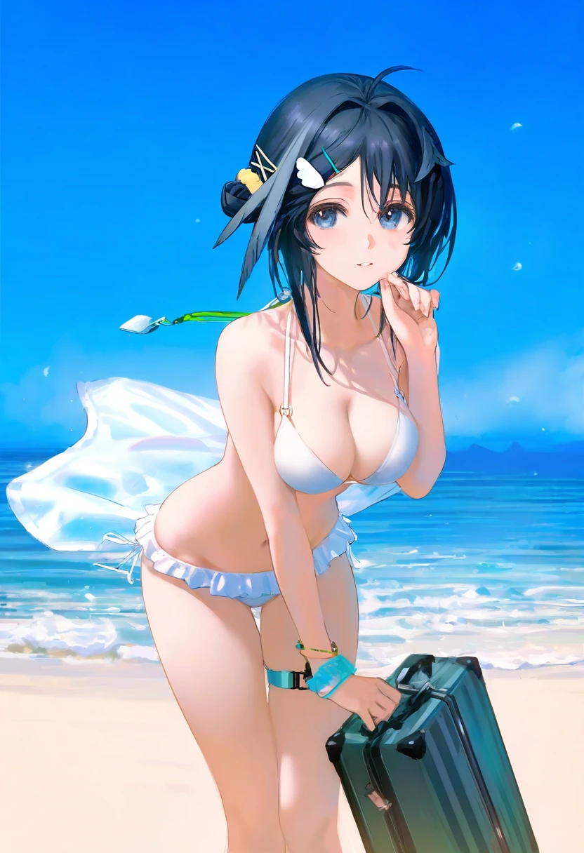 (amazuyu tatsuki,shiro9jira),ciloranko,ask \(askzy\),novelace,(wlop,reoen),(alphonse \(white datura\)),miv4t,[[tianliang duohe fangdongye]], - 1girl,la pluma \(summer flowers\) \(arknights\),arknights,white bikini,outdoors,navel,day,sky,blue sky,beach,suitcase,looking at viewer,ocean,low-tied long hair,leaning forward,standing,holding,frills,hand up,bare shoulders,floating hair,