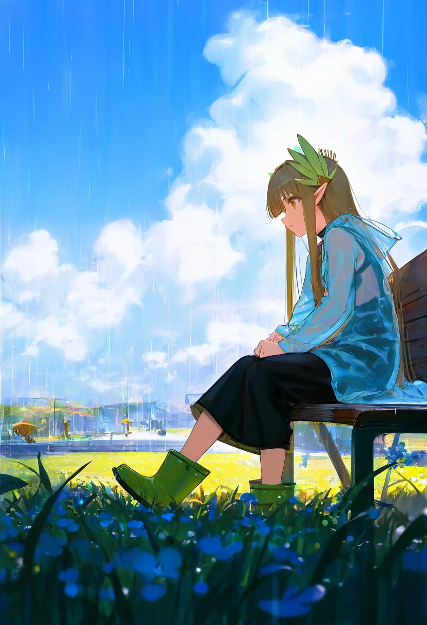 (amazuyu tatsuki,shiro9jira),ciloranko,ask \(askzy\),novelace,(wlop,reoen),(alphonse \(white datura\)),miv4t,[[tianliang duohe fangdongye]], - 1girl,muelsyse \(arknights\),arknights,cloudy sky,grass,on bench,outdoors,rain,road,yellow rubber boots,see-through coat,sitting,transparent raincoat,water drop,