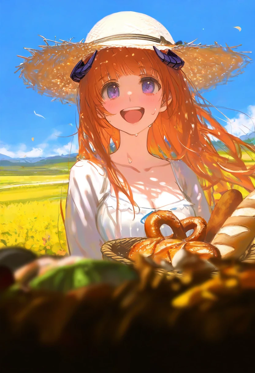 (amazuyu tatsuki,shiro9jira),ciloranko,ask \(askzy\),novelace,(wlop,reoen),(alphonse \(white datura\)),miv4t,[[tianliang duohe fangdongye]], - 1girl,bagpipe \(arknights\),arknights,baguette,blush,bread,croissant,holding basket,pretzel,upper body,straw hat,field,sky,laughing,sweat,sunlight,