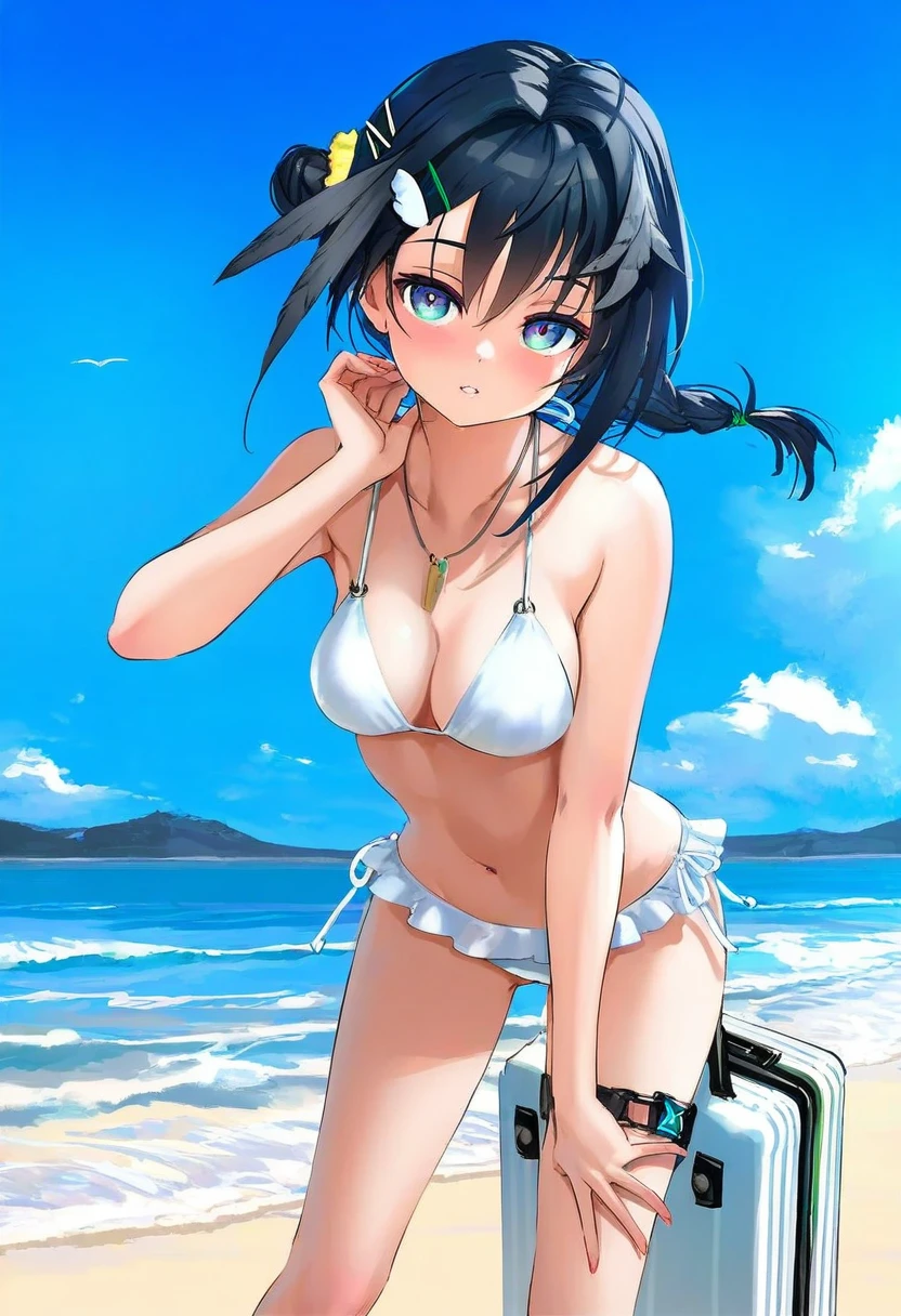 [kedama milk],mika pikazo,(wlop,reoen),happoubi jin,[[As109]], - 1girl,la pluma \(summer flowers\) \(arknights\),arknights,white bikini,outdoors,navel,day,sky,blue sky,beach,suitcase,looking at viewer,ocean,low-tied long hair,leaning forward,standing,holding,frills,hand up,bare shoulders,floating hair,