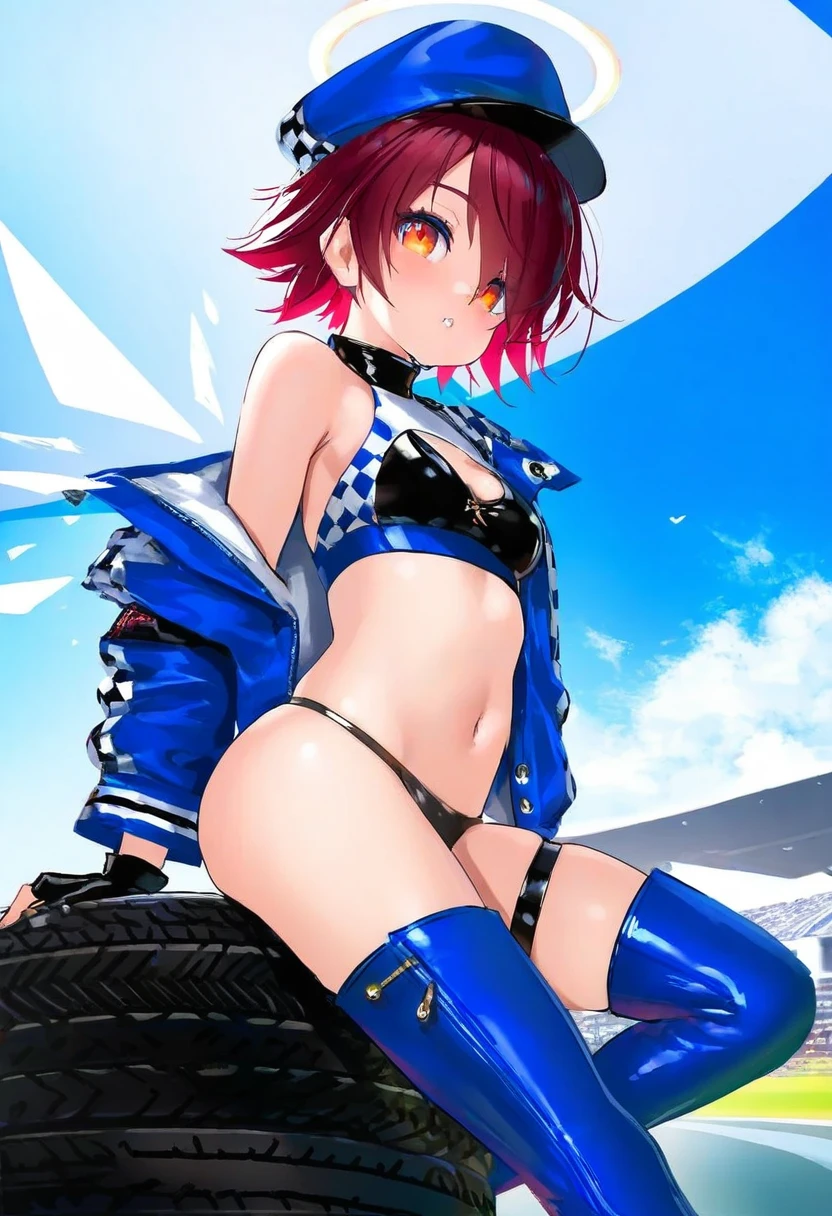 [kedama milk],mika pikazo,(wlop,reoen),happoubi jin,[[As109]], - 1girl,exusiai \(arknights\),arknights,black gloves,black panties,blue thigh boots,blue hat,blue jacket,long sleeves,race queen,thigh strap,thong,single bare shoulder,skindentation,tire,