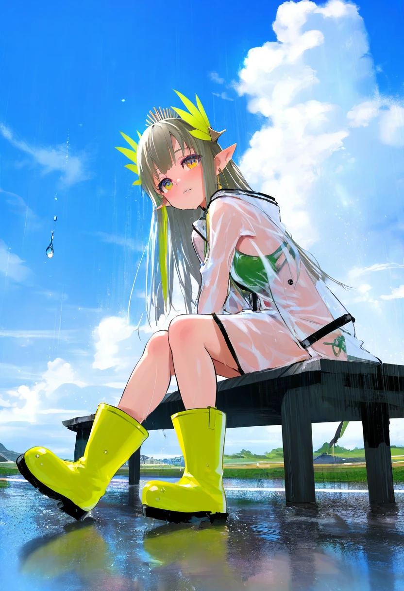 [kedama milk],mika pikazo,(wlop,reoen),happoubi jin,[[As109]], - 1girl,muelsyse \(arknights\),arknights,cloudy sky,grass,on bench,outdoors,rain,road,yellow rubber boots,see-through coat,sitting,transparent raincoat,water drop,