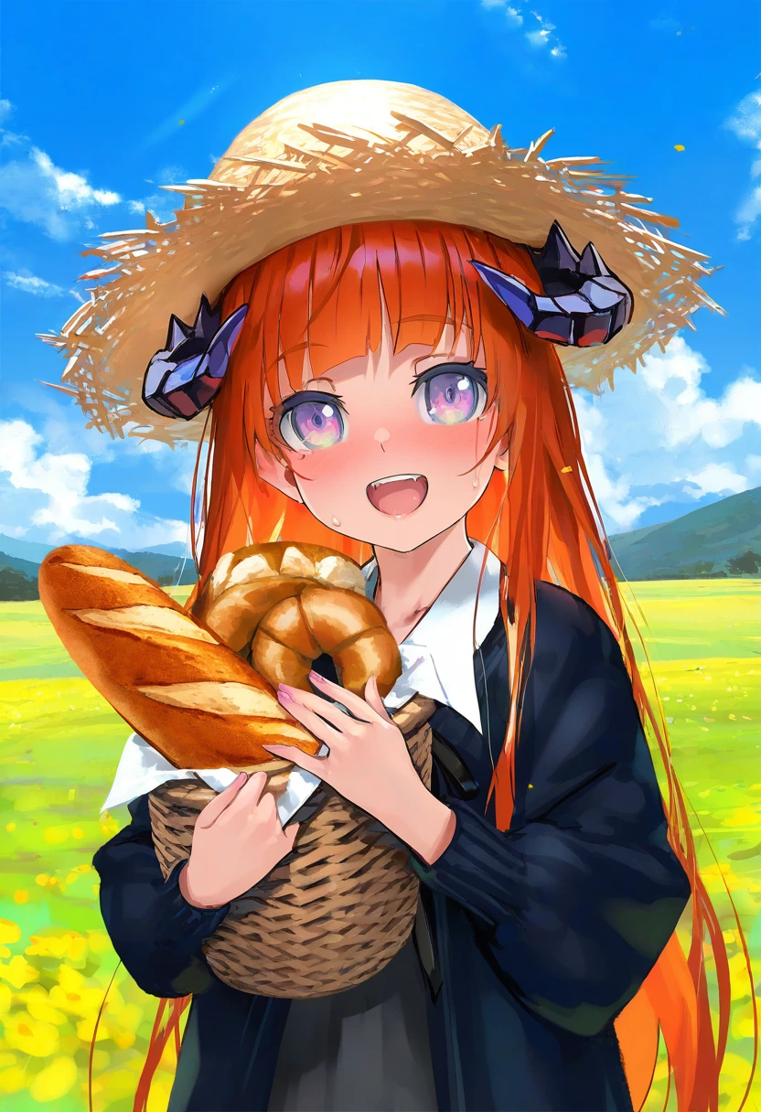 [kedama milk],mika pikazo,(wlop,reoen),happoubi jin,[[As109]], - 1girl,bagpipe \(arknights\),arknights,baguette,blush,bread,croissant,holding basket,pretzel,upper body,straw hat,field,sky,laughing,sweat,sunlight,