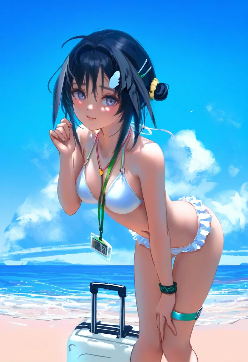 [kedama milk],(wlop,reoen),[[As109]], - 1girl,la pluma \(summer flowers\) \(arknights\),arknights,white bikini,outdoors,navel,day,sky,blue sky,beach,suitcase,looking at viewer,ocean,low-tied long hair,leaning forward,standing,holding,frills,hand up,bare shoulders,floating hair,