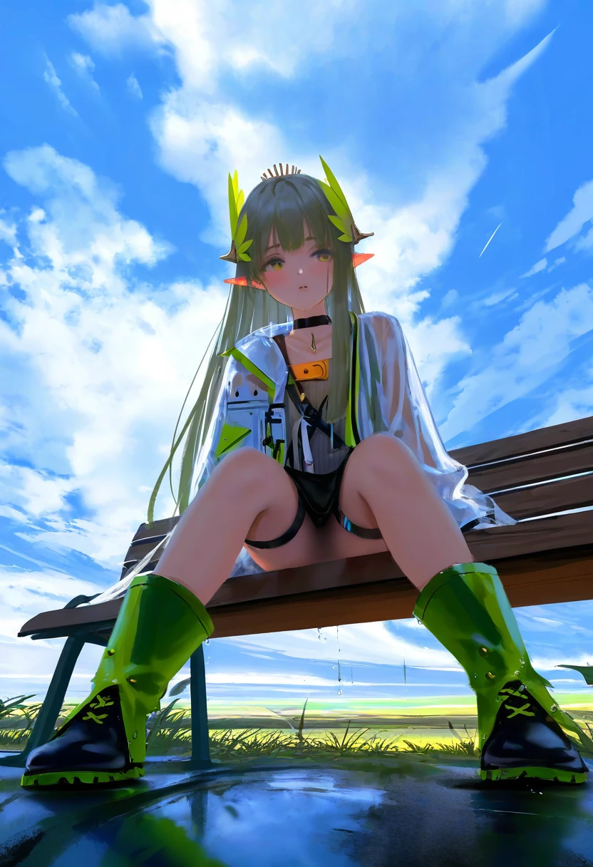 [kedama milk],(wlop,reoen),[[As109]], - 1girl,muelsyse \(arknights\),arknights,cloudy sky,grass,on bench,outdoors,rain,road,yellow rubber boots,see-through coat,sitting,transparent raincoat,water drop,