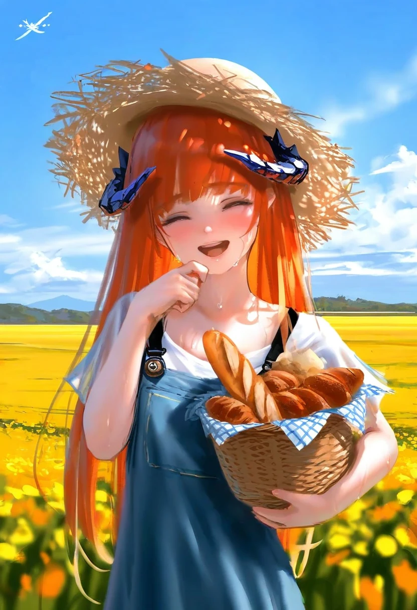 [kedama milk],(wlop,reoen),[[As109]], - 1girl,bagpipe \(arknights\),arknights,baguette,blush,bread,croissant,holding basket,pretzel,upper body,straw hat,field,sky,laughing,sweat,sunlight,