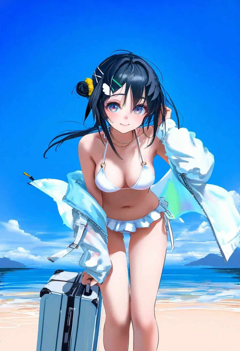 [kedama milk],mika pikazo,(wlop,reoen), - 1girl,la pluma \(summer flowers\) \(arknights\),arknights,white bikini,outdoors,navel,day,sky,blue sky,beach,suitcase,looking at viewer,ocean,low-tied long hair,leaning forward,standing,holding,frills,hand up,bare shoulders,floating hair,