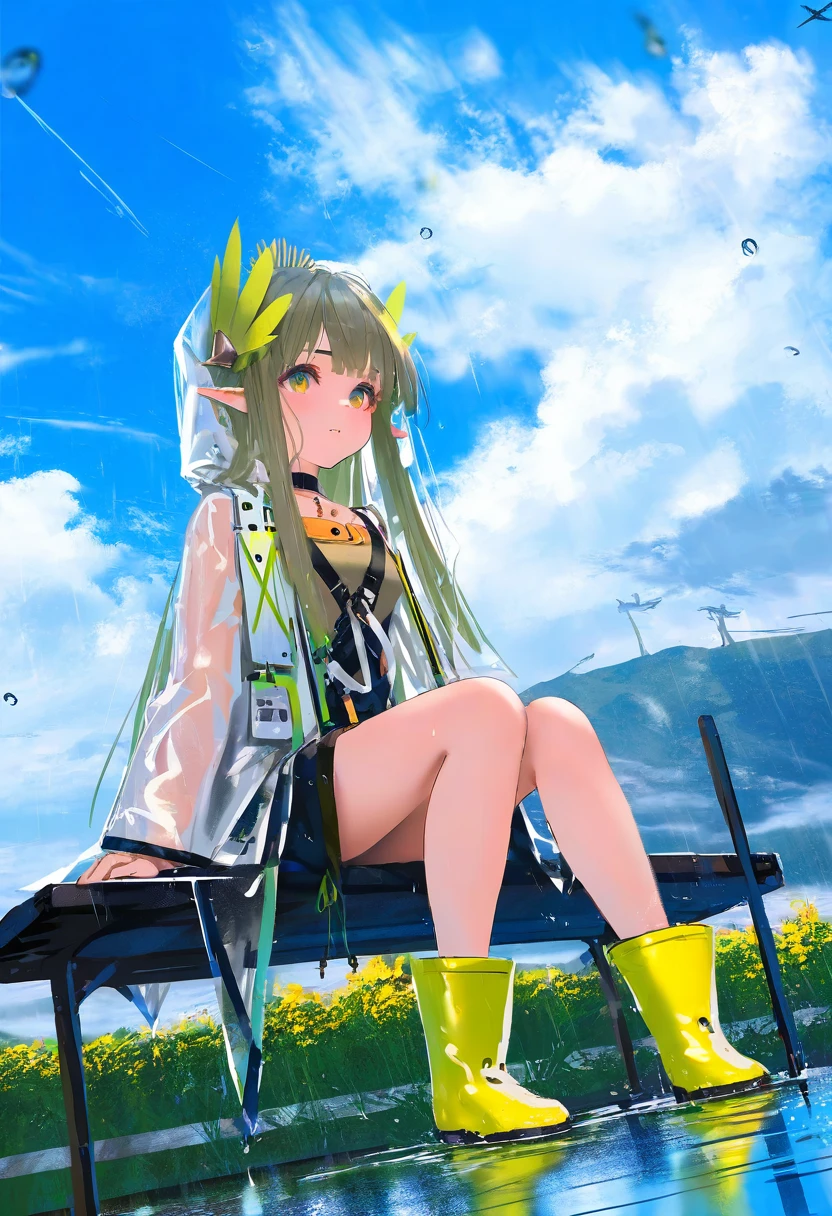 [kedama milk],mika pikazo,(wlop,reoen), - 1girl,muelsyse \(arknights\),arknights,cloudy sky,grass,on bench,outdoors,rain,road,yellow rubber boots,see-through coat,sitting,transparent raincoat,water drop,