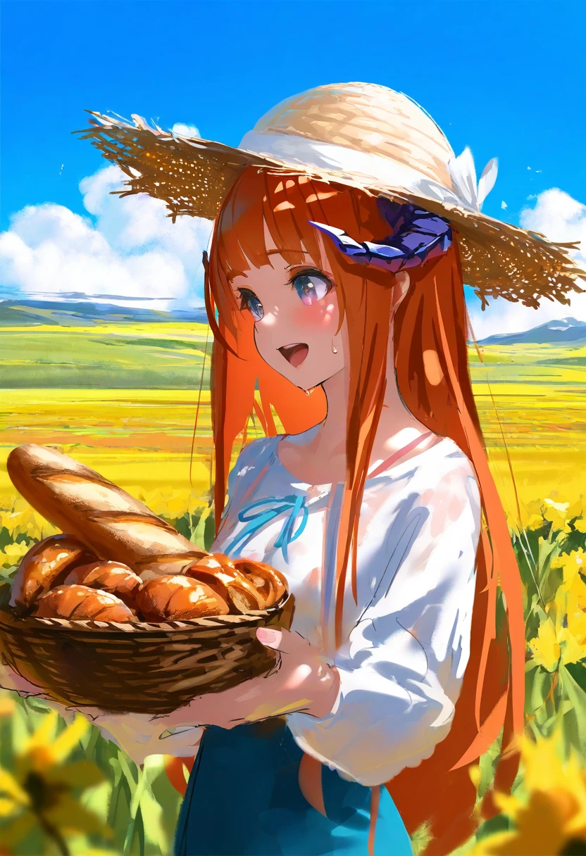 [kedama milk],mika pikazo,(wlop,reoen), - 1girl,bagpipe \(arknights\),arknights,baguette,blush,bread,croissant,holding basket,pretzel,upper body,straw hat,field,sky,laughing,sweat,sunlight,
