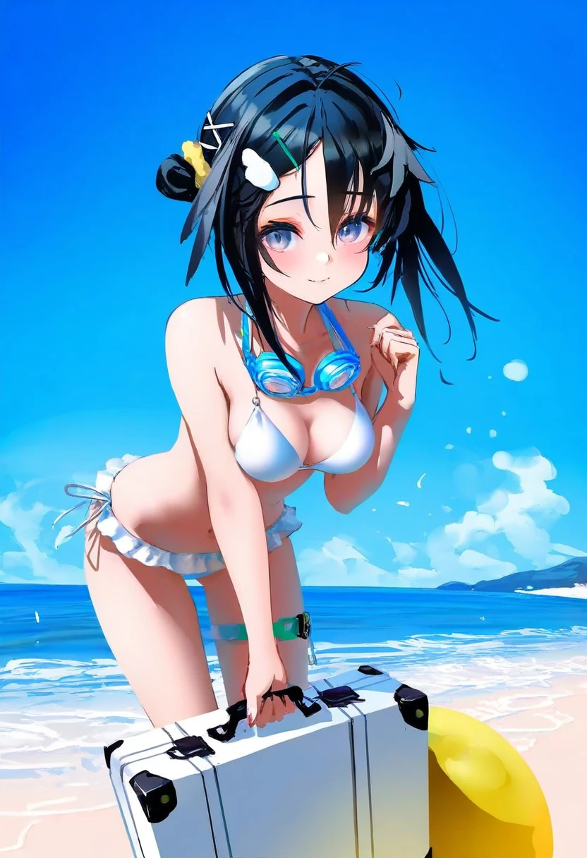 [kedama milk],mika pikazo,(wlop,reoen),happobi jin,[[As109]], - 1girl,la pluma \(summer flowers\) \(arknights\),arknights,white bikini,outdoors,navel,day,sky,blue sky,beach,suitcase,looking at viewer,ocean,low-tied long hair,leaning forward,standing,holding,frills,hand up,bare shoulders,floating hair,