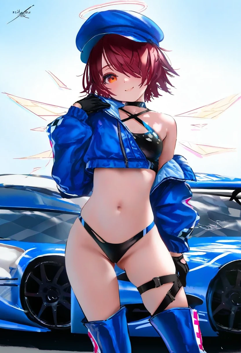 [kedama milk],mika pikazo,(wlop,reoen),happobi jin,[[As109]], - 1girl,exusiai \(arknights\),arknights,black gloves,black panties,blue thigh boots,blue hat,blue jacket,long sleeves,race queen,thigh strap,thong,single bare shoulder,skindentation,tire,