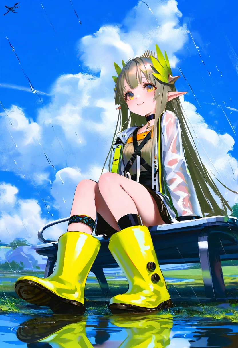 [kedama milk],mika pikazo,(wlop,reoen),happobi jin,[[As109]], - 1girl,muelsyse \(arknights\),arknights,cloudy sky,grass,on bench,outdoors,rain,road,yellow rubber boots,see-through coat,sitting,transparent raincoat,water drop,