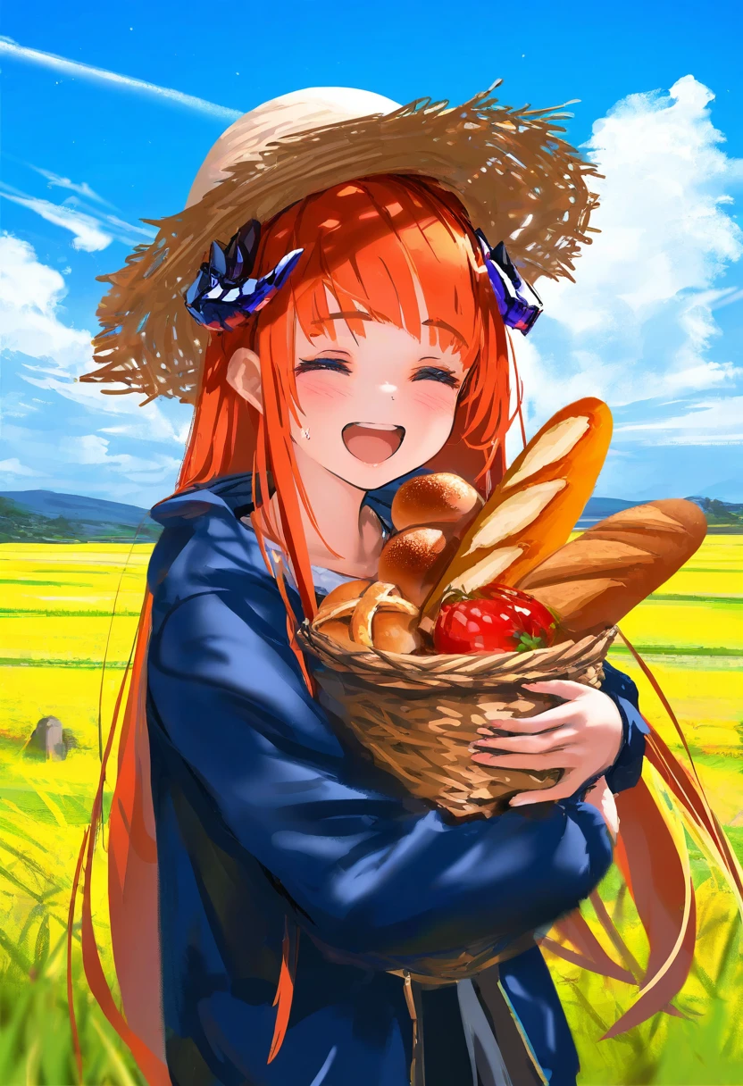 [kedama milk],mika pikazo,(wlop,reoen),happobi jin,[[As109]], - 1girl,bagpipe \(arknights\),arknights,baguette,blush,bread,croissant,holding basket,pretzel,upper body,straw hat,field,sky,laughing,sweat,sunlight,