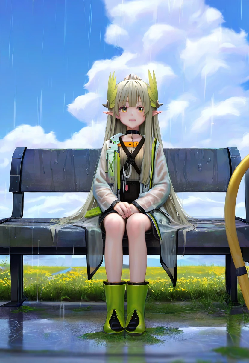 wlop,aki99,[[((mochizuki kei)),[[[as109]]],((asakuraf)),shion\(mirudakemann\)]], - 1girl,muelsyse \(arknights\),arknights,cloudy sky,grass,on bench,outdoors,rain,road,yellow rubber boots,see-through coat,sitting,transparent raincoat,water drop,