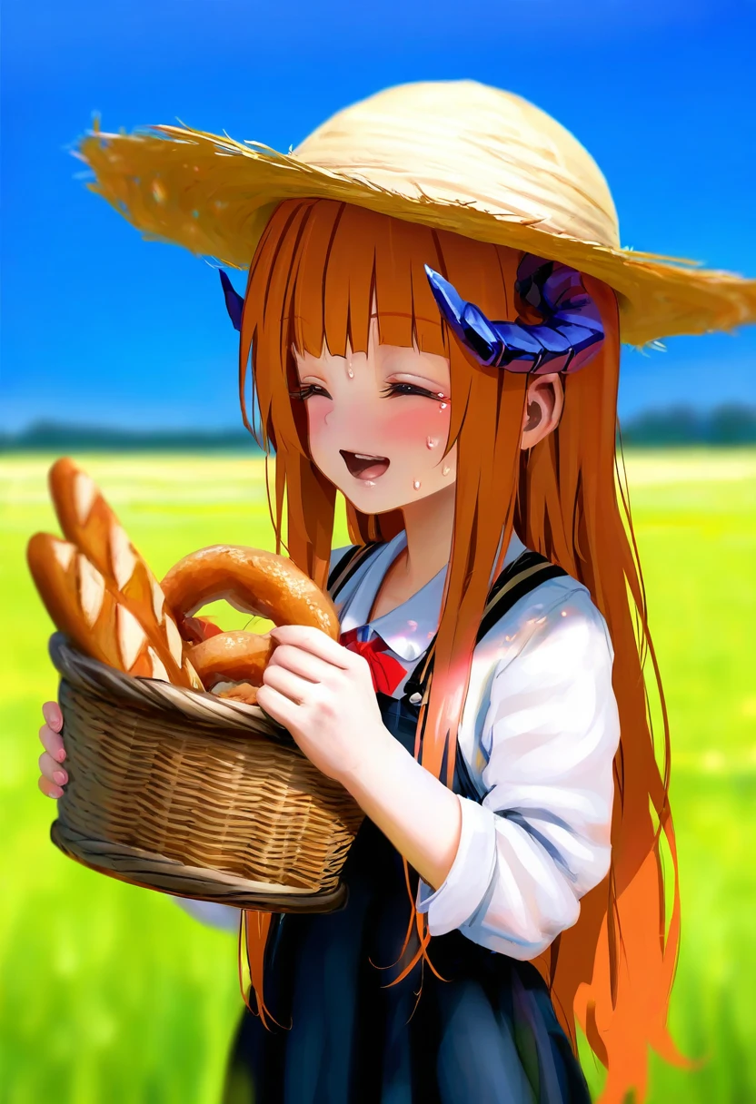 wlop,aki99,[[((mochizuki kei)),[[[as109]]],((asakuraf)),shion\(mirudakemann\)]], - 1girl,bagpipe \(arknights\),arknights,baguette,blush,bread,croissant,holding basket,pretzel,upper body,straw hat,field,sky,laughing,sweat,sunlight,