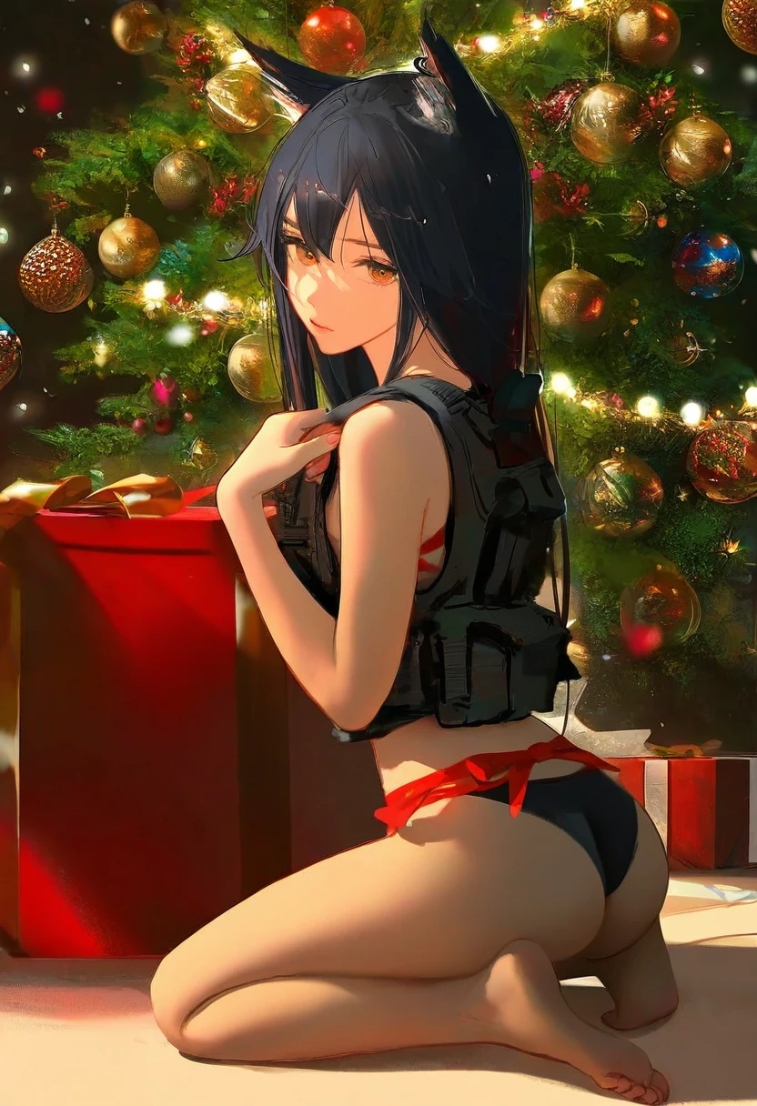 hyperrealistic,ask \(askzy\),[[[wlop]]], - 1girl,texas \(arknights\),arknights,underwear,tactical vest,christmas tree,christmas ornaments,