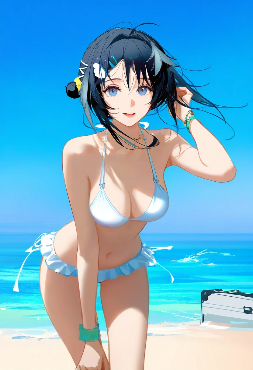 hyperrealistic,ask \(askzy\),[[[wlop]]], - 1girl,la pluma \(summer flowers\) \(arknights\),arknights,white bikini,outdoors,navel,day,sky,blue sky,beach,suitcase,looking at viewer,ocean,low-tied long hair,leaning forward,standing,holding,frills,hand up,bare shoulders,floating hair,