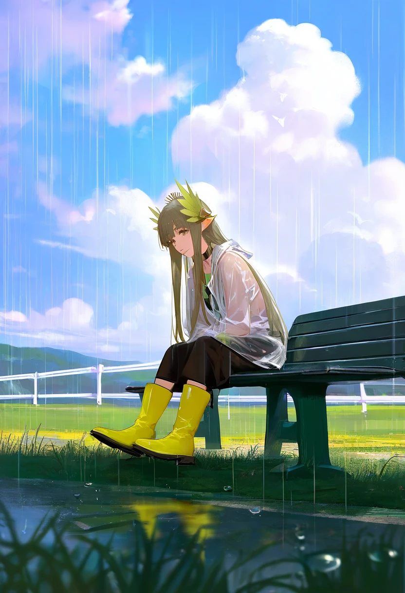 hyperrealistic,ask \(askzy\),[[[wlop]]], - 1girl,muelsyse \(arknights\),arknights,cloudy sky,grass,on bench,outdoors,rain,road,yellow rubber boots,see-through coat,sitting,transparent raincoat,water drop,