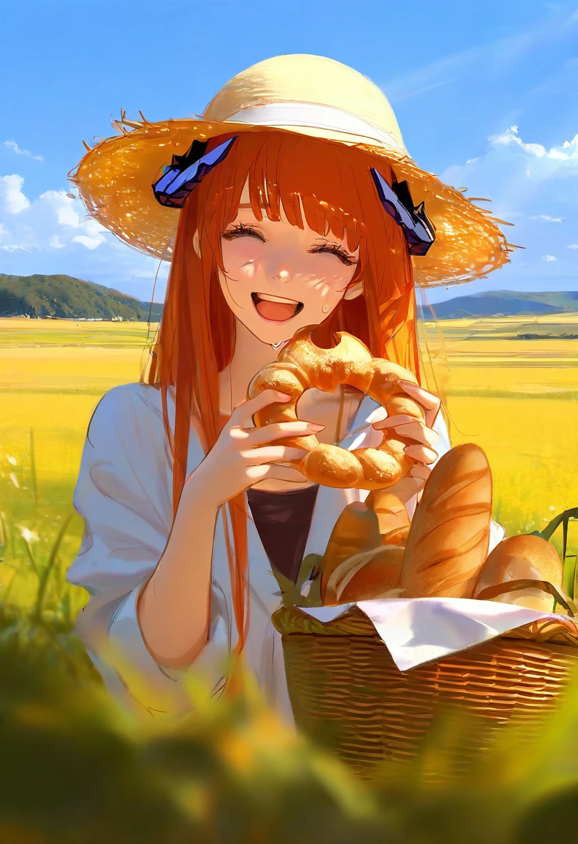 hyperrealistic,ask \(askzy\),[[[wlop]]], - 1girl,bagpipe \(arknights\),arknights,baguette,blush,bread,croissant,holding basket,pretzel,upper body,straw hat,field,sky,laughing,sweat,sunlight,