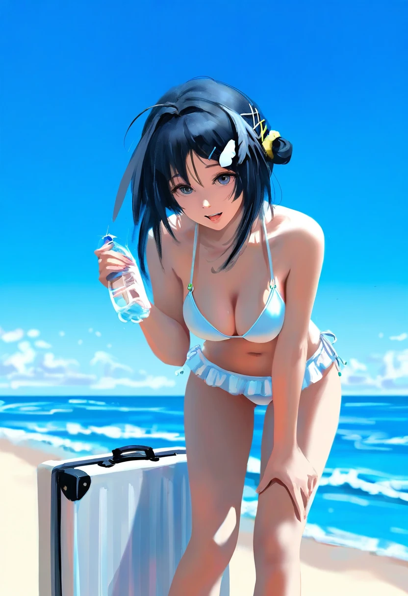 ((((hyperrealistic)))),asciamano240,[[[wlop]]], - 1girl,la pluma \(summer flowers\) \(arknights\),arknights,white bikini,outdoors,navel,day,sky,blue sky,beach,suitcase,looking at viewer,ocean,low-tied long hair,leaning forward,standing,holding,frills,hand up,bare shoulders,floating hair,