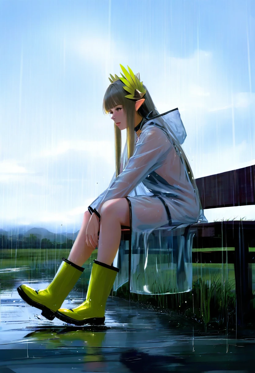 ((((hyperrealistic)))),asciamano240,[[[wlop]]], - 1girl,muelsyse \(arknights\),arknights,cloudy sky,grass,on bench,outdoors,rain,road,yellow rubber boots,see-through coat,sitting,transparent raincoat,water drop,