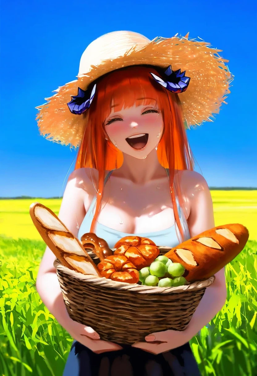((((hyperrealistic)))),asciamano240,[[[wlop]]], - 1girl,bagpipe \(arknights\),arknights,baguette,blush,bread,croissant,holding basket,pretzel,upper body,straw hat,field,sky,laughing,sweat,sunlight,