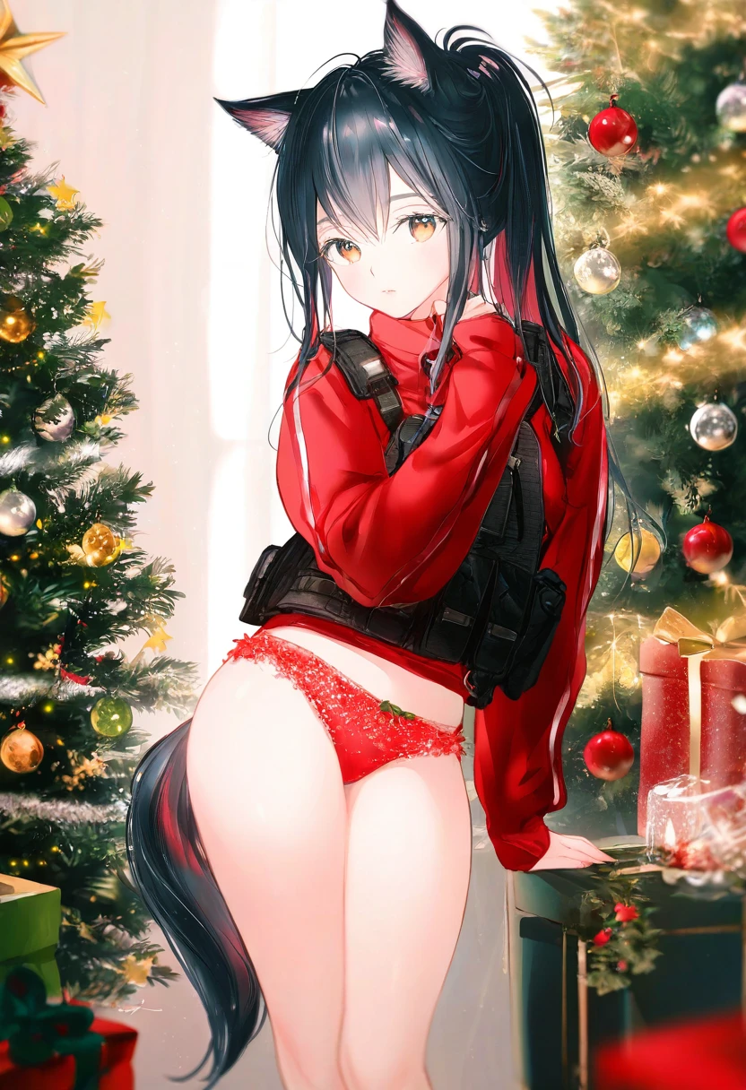 (((gomzi))),[[[[wlop]]]], - 1girl,texas \(arknights\),arknights,underwear,tactical vest,christmas tree,christmas ornaments,