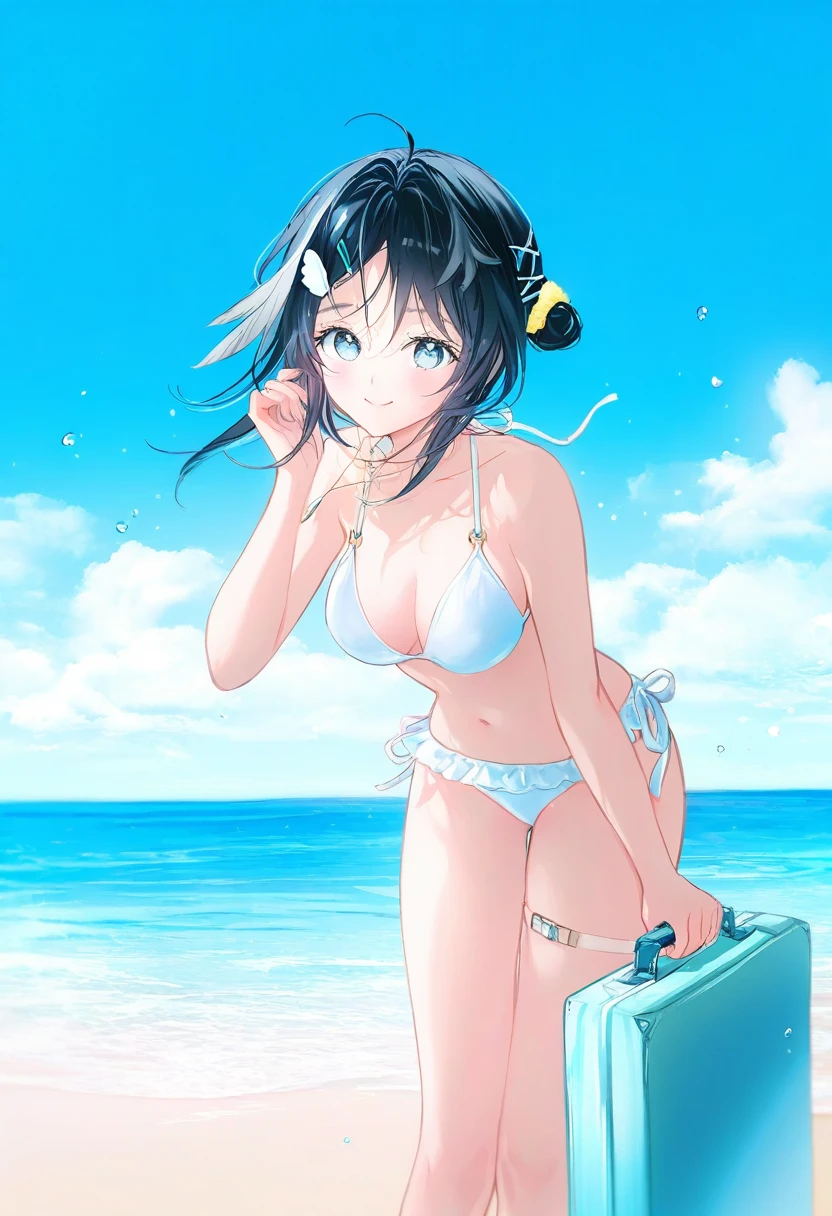 (((gomzi))),[[[[wlop]]]], - 1girl,la pluma \(summer flowers\) \(arknights\),arknights,white bikini,outdoors,navel,day,sky,blue sky,beach,suitcase,looking at viewer,ocean,low-tied long hair,leaning forward,standing,holding,frills,hand up,bare shoulders,floating hair,