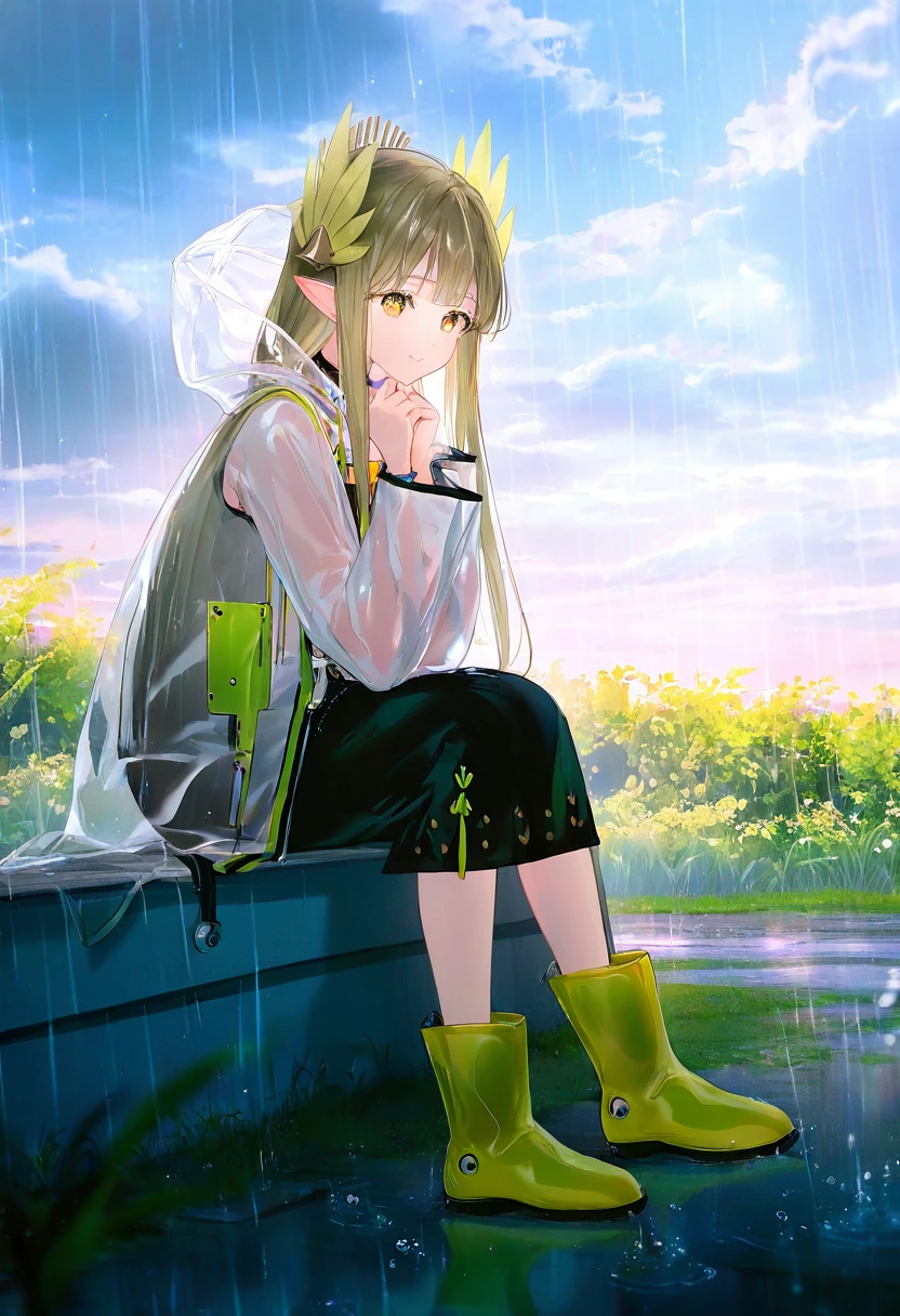 (((gomzi))),[[[[wlop]]]], - 1girl,muelsyse \(arknights\),arknights,cloudy sky,grass,on bench,outdoors,rain,road,yellow rubber boots,see-through coat,sitting,transparent raincoat,water drop,