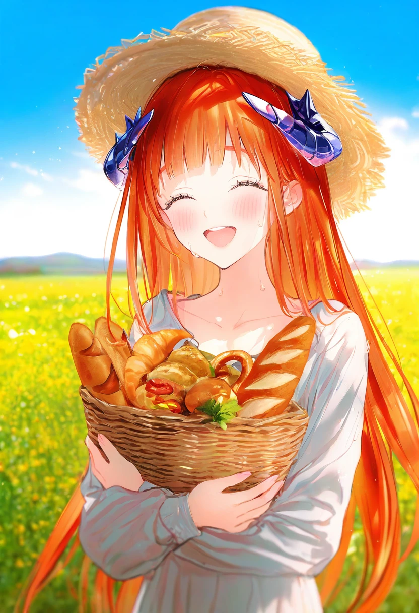 (((gomzi))),[[[[wlop]]]], - 1girl,bagpipe \(arknights\),arknights,baguette,blush,bread,croissant,holding basket,pretzel,upper body,straw hat,field,sky,laughing,sweat,sunlight,