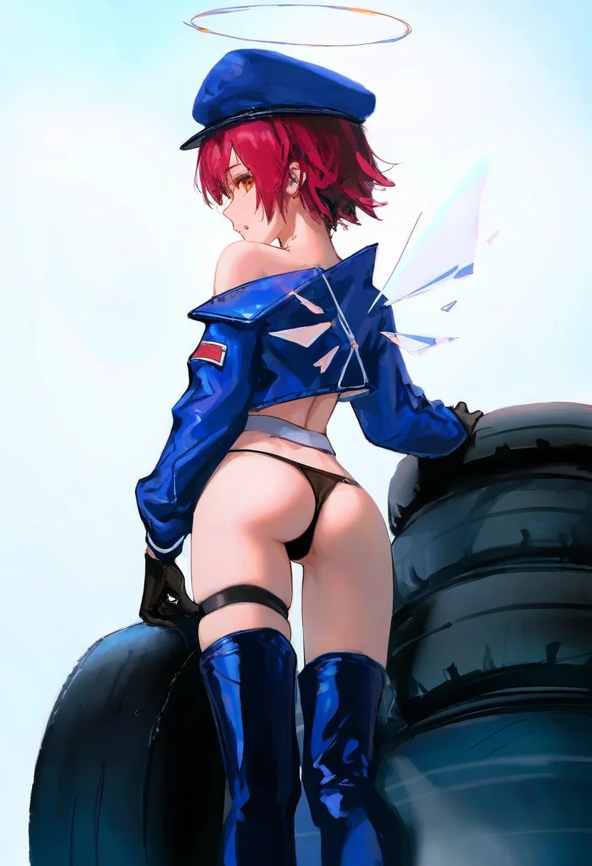 wlop,[[dino \(dinoartforame\)]],[[[as109]]],ciloranko, - 1girl,exusiai \(arknights\),arknights,black gloves,black panties,blue thigh boots,blue hat,blue jacket,long sleeves,race queen,thigh strap,thong,single bare shoulder,skindentation,tire,